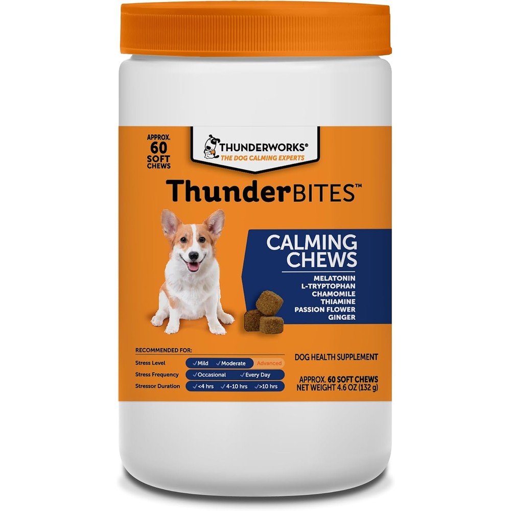 ThunderBites Dog Calming Chews With Thiamine L-Tryptophan Melatonin And Ginger For Stress Relief 60 Count