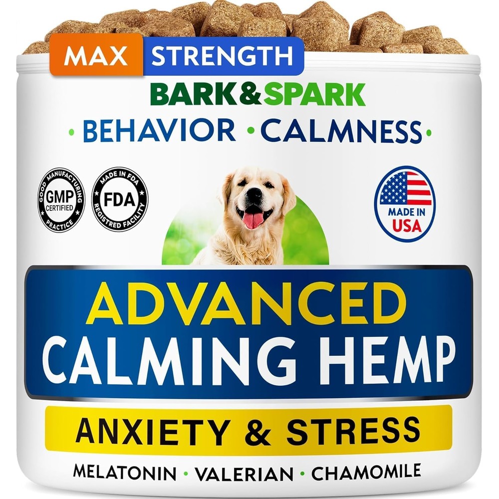 Bark And Spark Advanced Calming Chews For Dogs Hemp Seed Oil And Melatonin Stress Anxiety Relief Sleep Aid Supplement 120 Chewable Treats