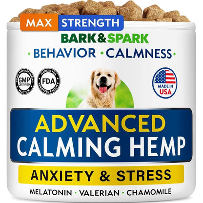 Bark And Spark Advanced Calming Chews For Dogs Hemp Seed Oil And Melatonin Stress Anxiety Relief Sleep Aid Supplement 120 Chewable Treats