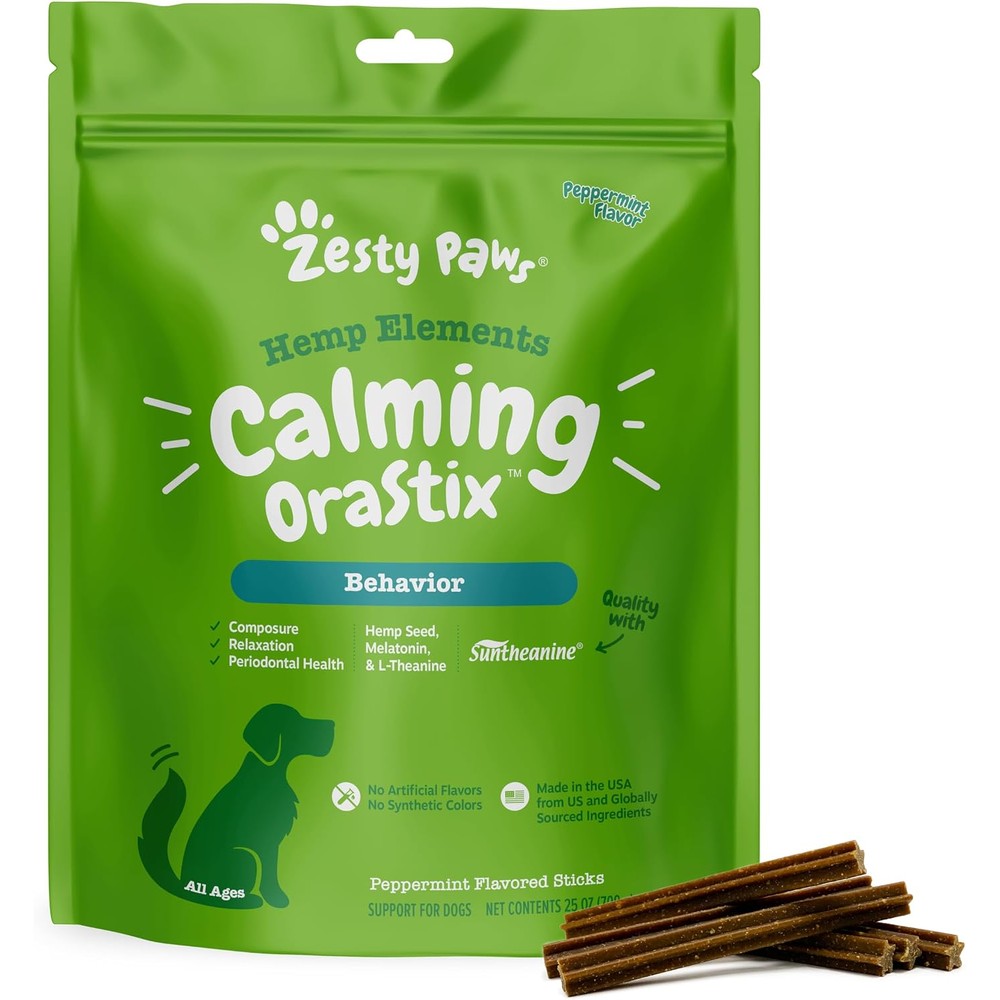 Zesty Paws OraStix Calming Dental Sticks For Dogs With Hemp Melatonin And Chamomile Healthy Teeth Gums And Stress Relief Peppermint Flavor 25 Ounce