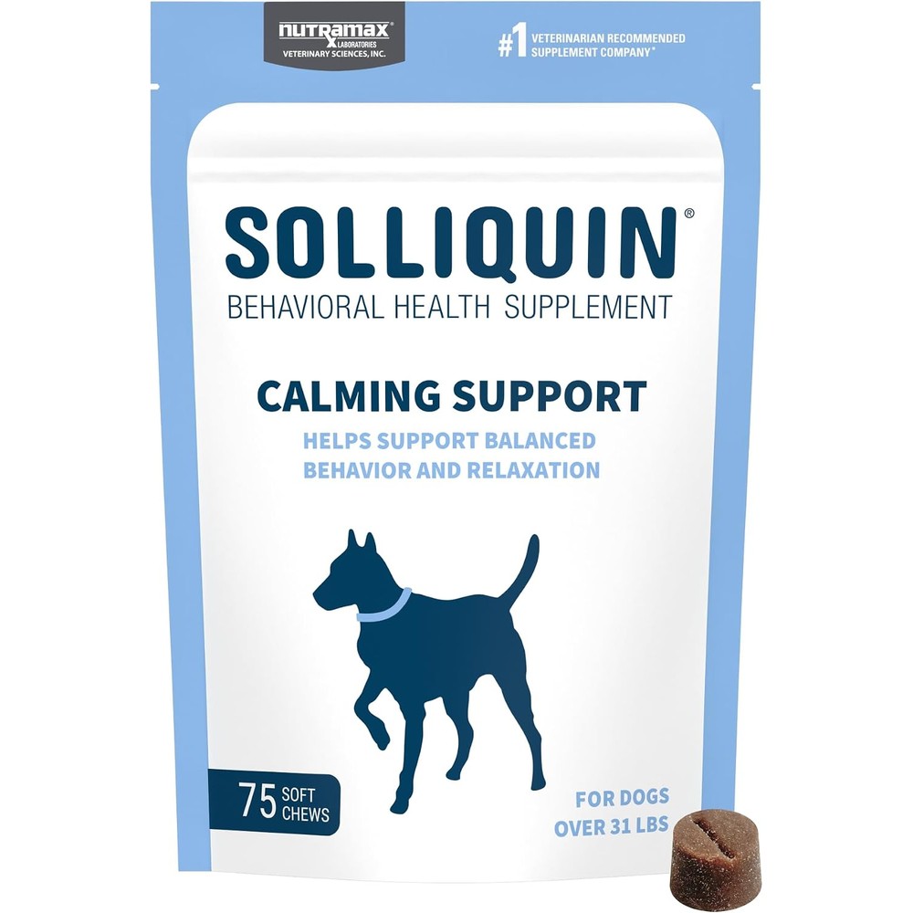 Nutramax Laboratories Solliquin Calming Support Behavioral Health Supplement For Large Dogs Over 31 Pounds, 75 Count Soft Chews