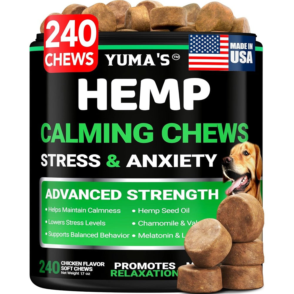 Yuma's Hemp Calming Chews For Dogs 240 Count Advanced Anxiety Relief Supplement With Melatonin For Stress And Joint Support