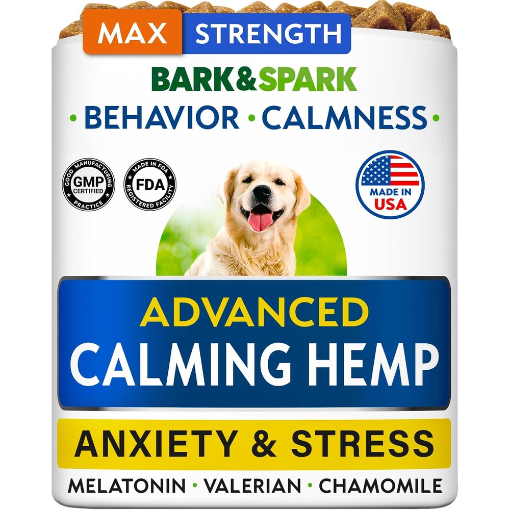 Bark And Spark Advanced Calming Chews For Dogs With Hemp Oil And Melatonin For Separation Anxiety And Stress Relief 90 Count