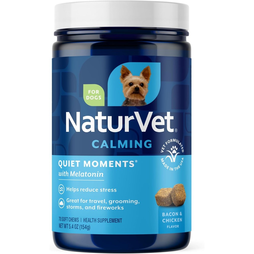 NaturVet Quiet Moments Calming Dog Supplement Soft Chews With Melatonin Bacon And Chicken Flavored Stress Relief Pet Health Care Seventy Count Jar