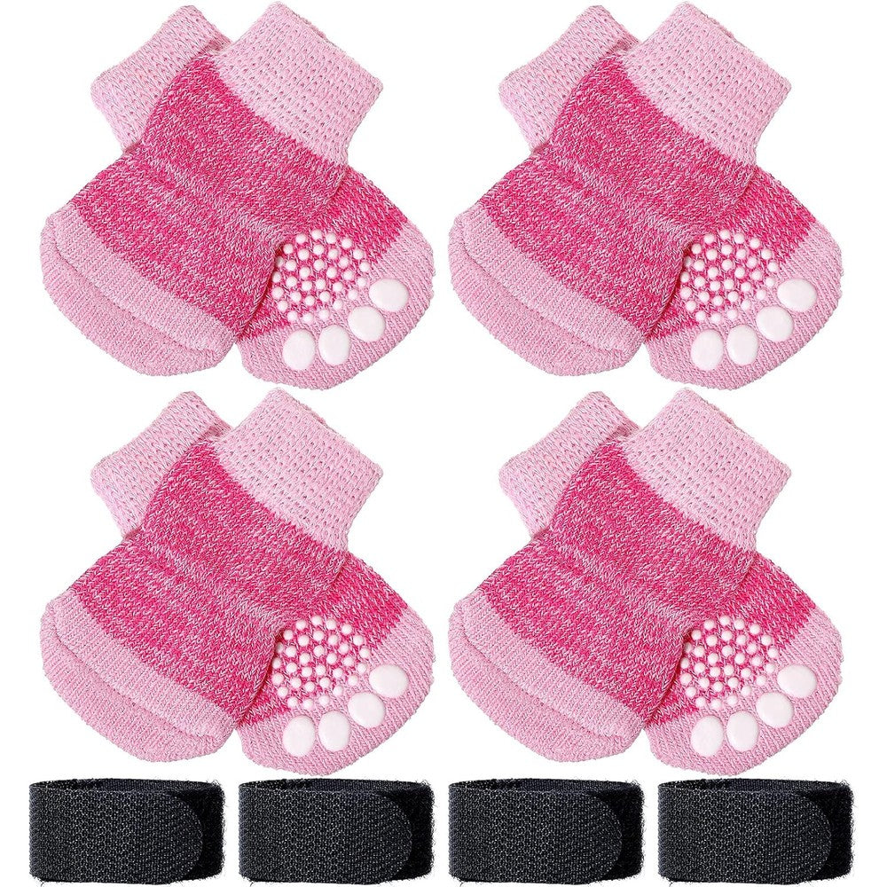 Frienda 8 Pieces Pet Knit Socks Anti-Slip Traction Control For Small Dogs And Cats Adjustable Paw Protector In Pink Size Small