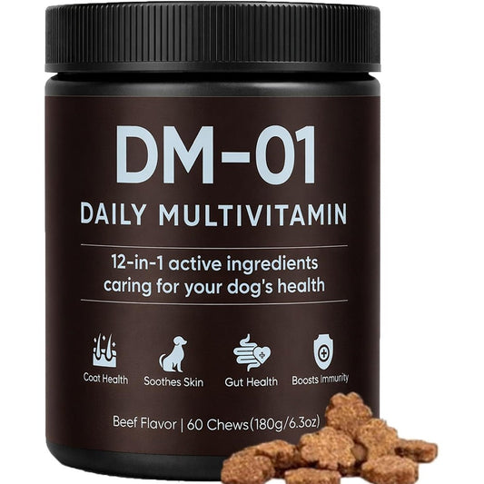 Dog Is Human DM-01 Daily Multivitamin and Itch Relief Chews for Skin Coat Gut and Immune Support Beef Flavor 60 Chews