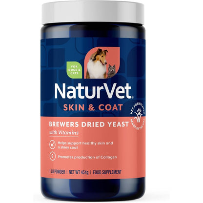 NaturVet Brewers Dried Yeast Formula With Garlic Flavoring Plus Vitamins For Dogs And Cats 1 Pound Powder Made In The USA
