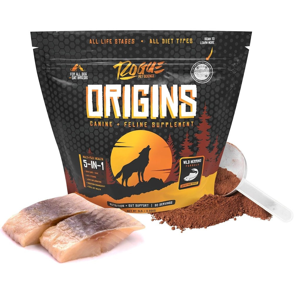 Rogue Pet Science Origins 5 In 1 Dog Supplement Powdered Food Topper With Natural Omega 3 Fish Oil For Skin And Joint Support 5 Pounds
