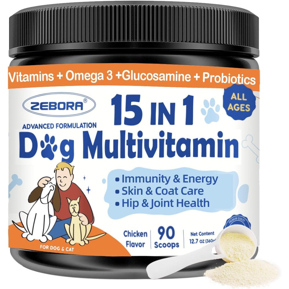 Zebora 15-In-1 Dog Multivitamin Powder With Glucosamine Omega 3 And Probiotics For Immune And Joint Health 12.7 Ounce