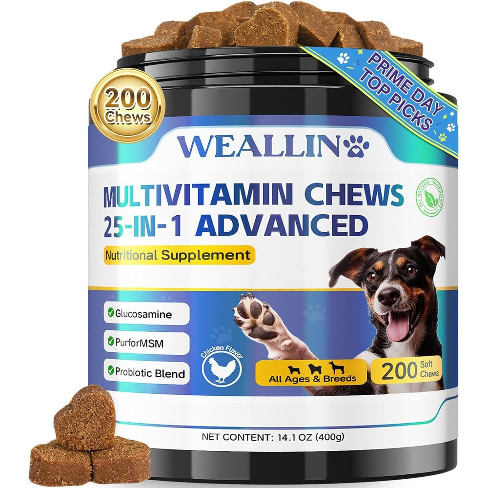 Weallin 25-in-1 Advanced Multivitamin Supplement For Dogs With Glucosamine Probiotics And Omega 3 Fatty Acids 200 Chicken Flavored Soft Chews