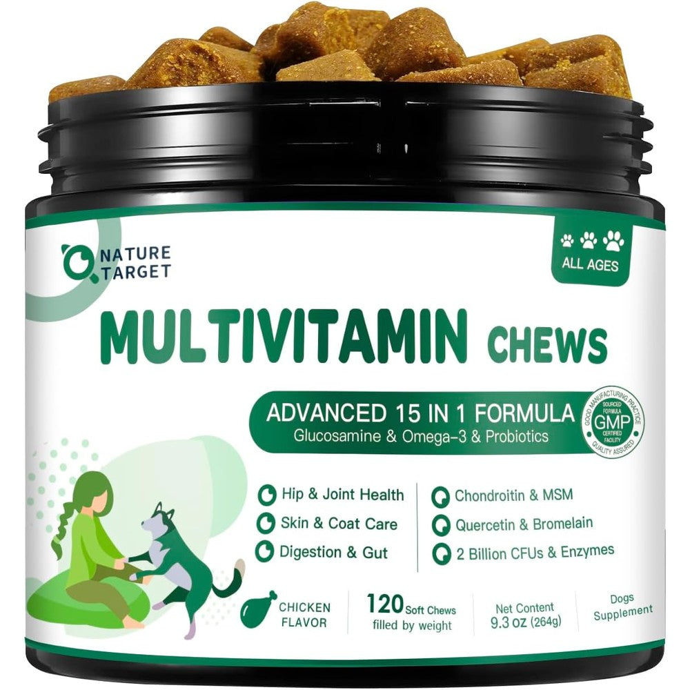 Nature Target Multivitamin For Dogs With Msm And Glucosamine Omega 3 And 6 Probiotics Digestive Health Joint Support Skin And Coat 120 Soft Chews