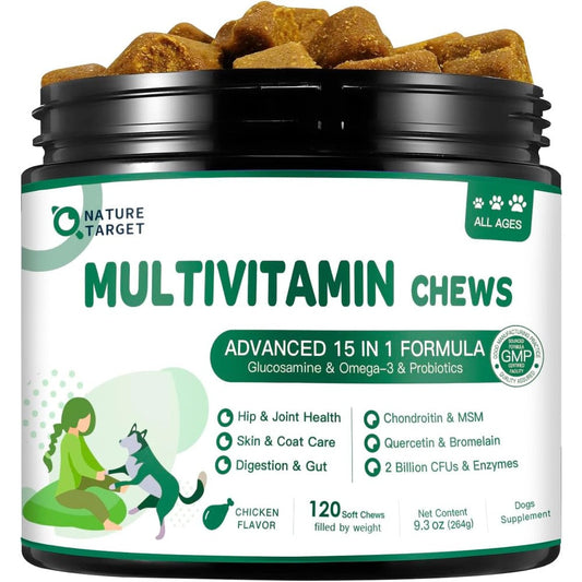 Nature Target Multivitamin For Dogs With Msm And Glucosamine Omega 3 And 6 Probiotics Digestive Health Joint Support Skin And Coat 120 Soft Chews