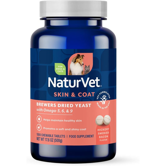NaturVet Brewer's Dried Yeast Formula With Garlic Flavoring And Omegas For Dogs And Cats 1000 Chewable Tablets