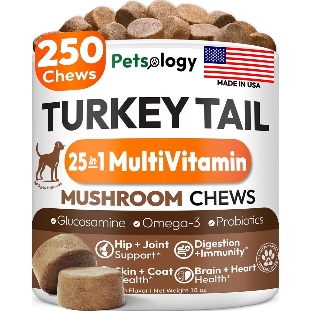 Petsology Turkey Tail Mushroom Multivitamin Supplement For Dogs With Glucosamine And Omega Three Fatty Acids 250 Chewable Tablets