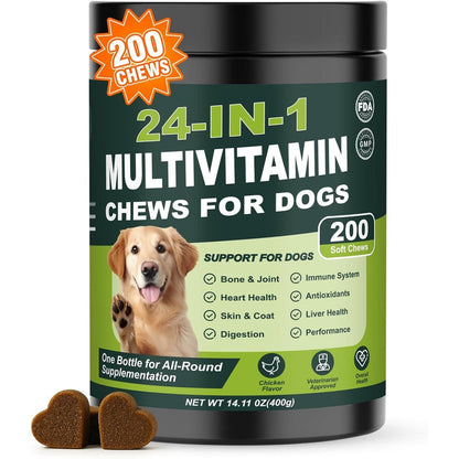 Tciika 24-in-1 Dog Multivitamins Chewable 200 Count Dog Vitamins And Supplements With Glucosamine Chondroitin Probiotics Omega-3 Chicken Flavor