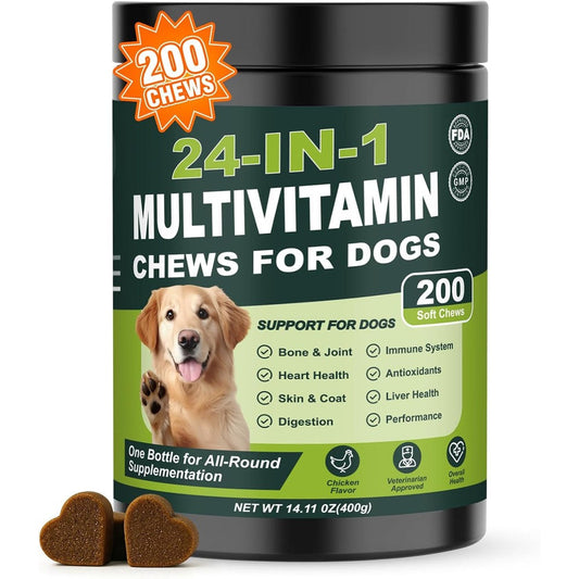 Tciika 24-in-1 Dog Multivitamins Chewable 200 Count Dog Vitamins And Supplements With Glucosamine Chondroitin Probiotics Omega-3 Chicken Flavor