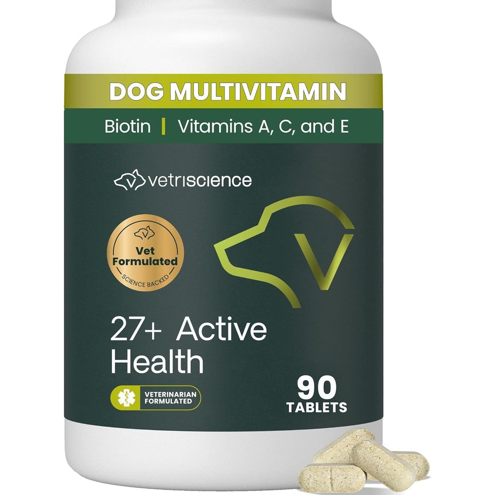 VetriScience 27+ Active Health Canine Plus Daily Multivitamin Tablets For Puppies And Adult Dogs Duck Flavor 90 Count