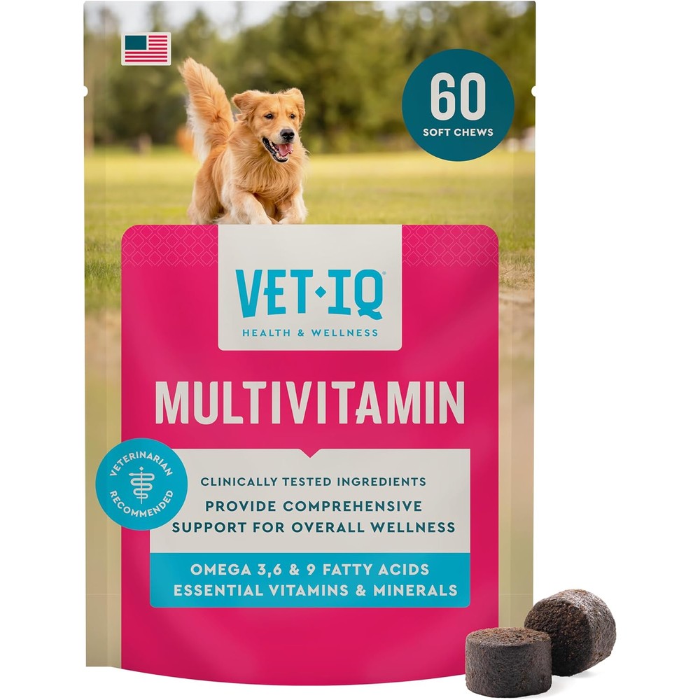 VetIQ Multivitamin Supplement For Dogs, Supports Active Brain Function, Immune System, And Digestive Health, Hickory Smoke Flavor, 60 Count