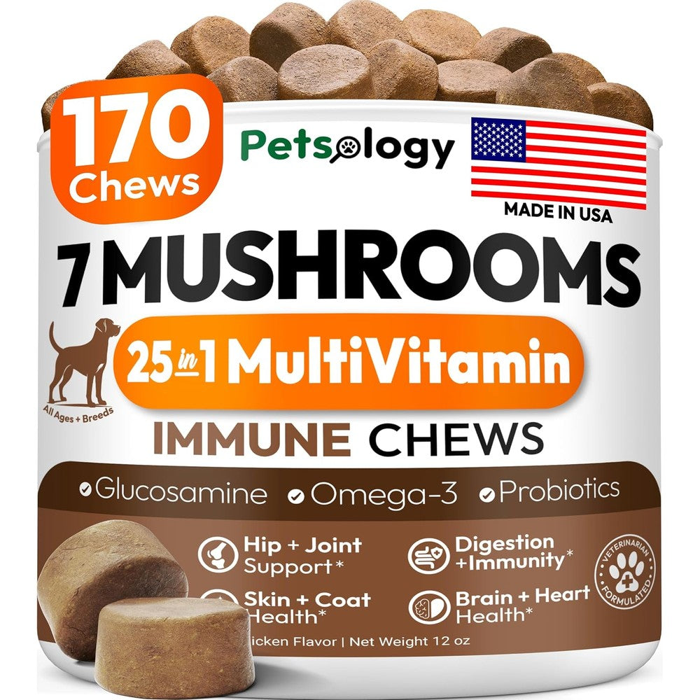 Petsology Vet Promise Turkey Tail Mushroom Multivitamin Supplement For Dogs Lumps Bumps And Immune Guard Chicken Flavor 170 Count