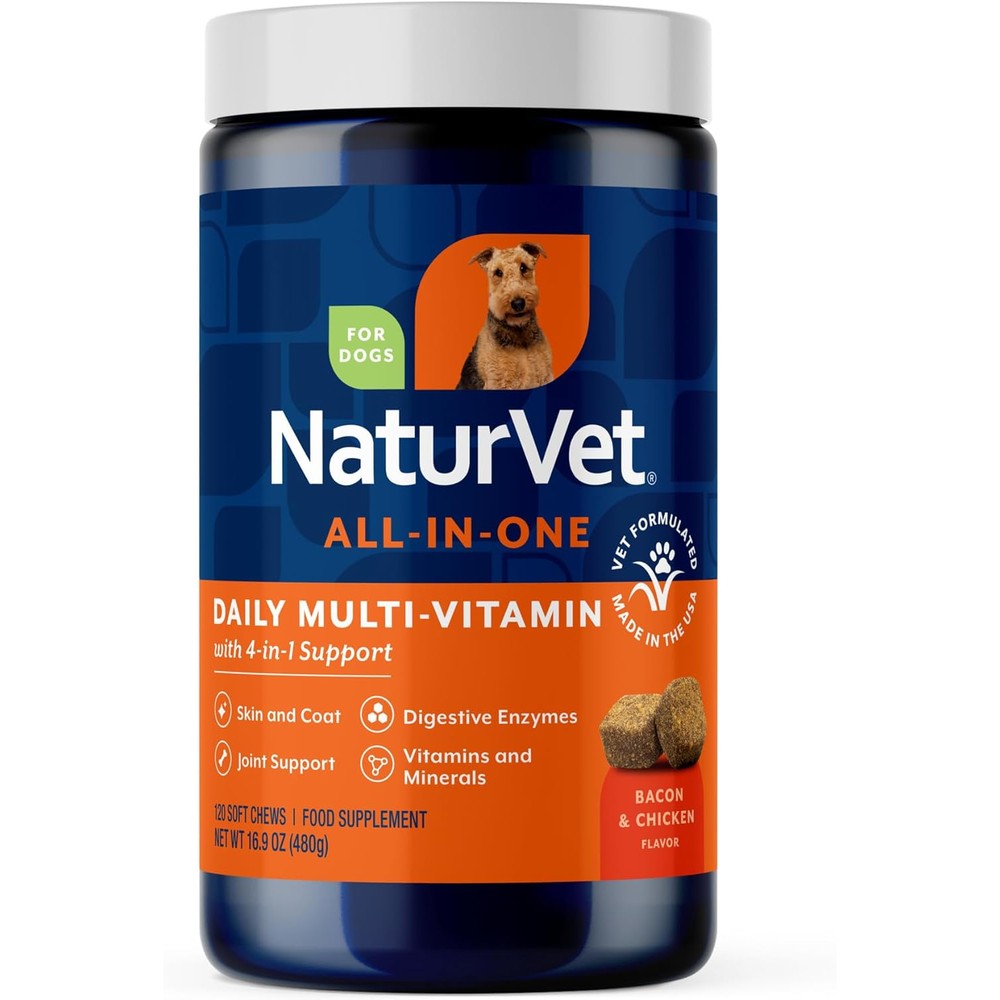 NaturVet All-In-One 4-In-1 Dog Multivitamin Supplement For Joint Support Digestion Skin And Coat Care 120 Soft Chews Made In United States