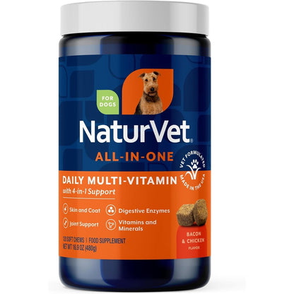 NaturVet All-In-One 4-In-1 Dog Multivitamin Supplement For Joint Support Digestion Skin And Coat Care 120 Soft Chews Made In United States