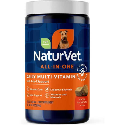 NaturVet All-In-One 4-In-1 Dog Multivitamin Supplement For Joint Support Digestion Skin And Coat Care 120 Soft Chews Made In United States