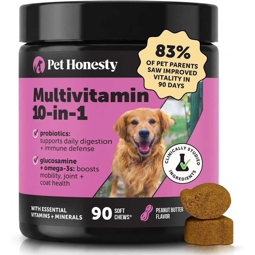 Pet Honesty 10-in-1 Dog Multivitamin Supplement With Glucosamine And Probiotics For Hip, Joint, Digestive, And Immune Support - 90 Count Peanut But...
