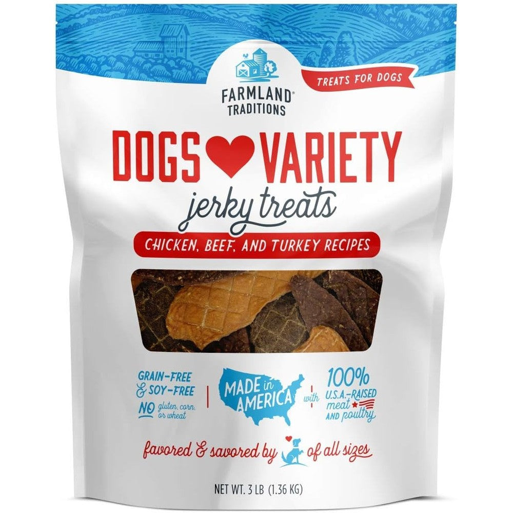 Farmland Traditions Dogs Love Jerky Dog Treats Premium Variety Pack With Chicken Beef And Turkey 3 Pound Bag