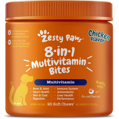 Zesty Paws 8 In 1 Multivitamin Bites For Dogs With OptiMSM And Kaneka Q10 Chicken Flavor 90 Count