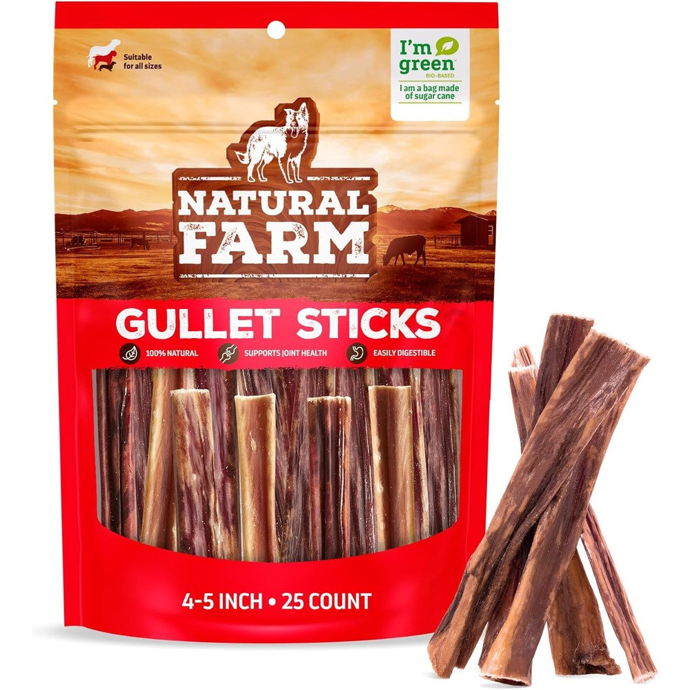 Natural Farm Gullet Sticks Beef Esophagus Dog Chews 4 To 5 Inch 25 Pack Grain Free Preservative Free