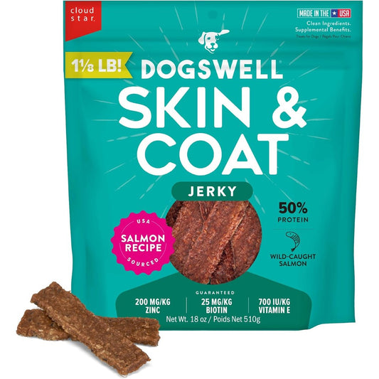 Dogswell Skin And Coat Jerky Dog Treats Made With Wild Caught Salmon Eighteen Ounce Pouch