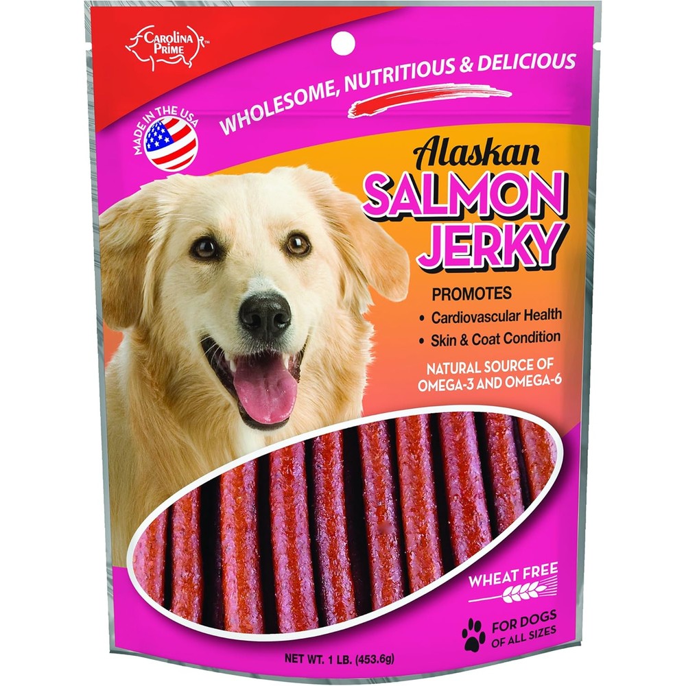 Carolina Prime Pet Salmon Jerky Treat For Dogs, 1 Pound Pouch, Authentic USA Imported Wheat Free Healthy Dog Snack