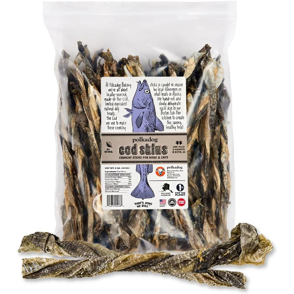 Polkadog Cod Skins Crunchy Sticks For Dogs, Wild-Caught Alaskan Fish Skin Treats, 2 Pound Bag, Natural Single Ingredient Dog Chews