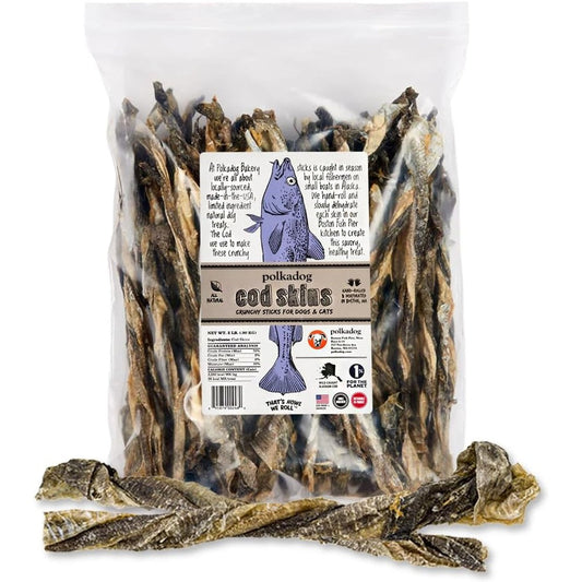 Polkadog Cod Skins Crunchy Sticks For Dogs, Wild-Caught Alaskan Fish Skin Treats, 2 Pound Bag, Natural Single Ingredient Dog Chews