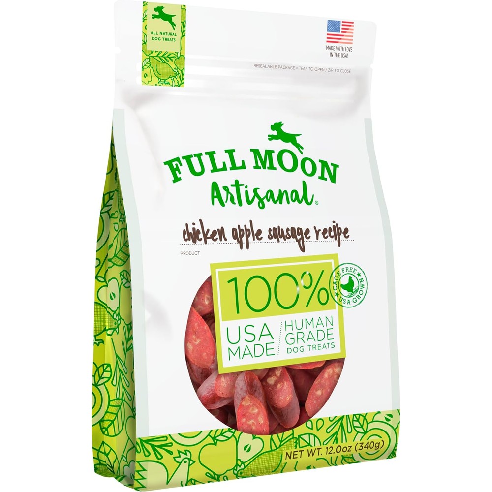 Full Moon Chicken Apple Sausage Human Grade Dog Treats, 340.2 Grams (12 Ounce) - Authentic USA Imported