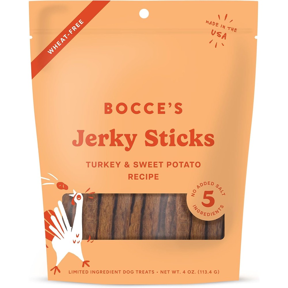 Bocce's Bakery Turkey And Sweet Potato Jerky Sticks Wheat Free Dog Treats Made In The USA 4 Ounce