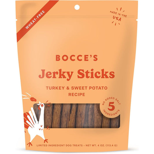 Bocce's Bakery Turkey And Sweet Potato Jerky Sticks Wheat Free Dog Treats Made In The USA 4 Ounce
