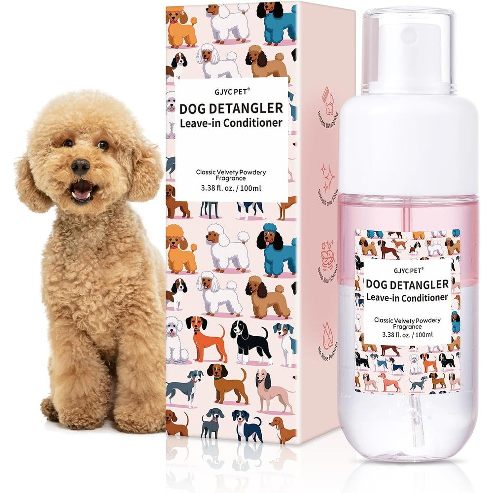 GJYC PET Dog Detangler And Dematting Spray Leave In Conditioner With Classic Powdery Scent And Coconut Oil For Tangle Free Grooming 3.38 Fluid Ounce