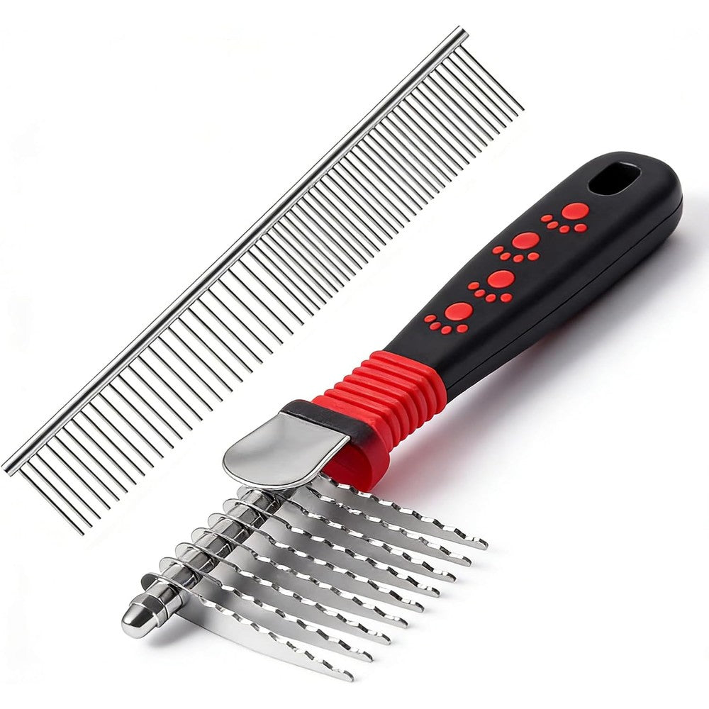 QUMY Dog Comb For Dematting Stainless Steel Pet Grooming Rake Comb For Removing Matted Hair Pack Of 1