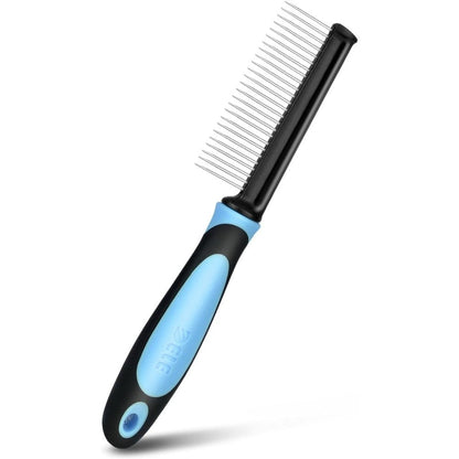 Flexzion Metal Pet Comb For Cats And Dogs Sturdy Stainless Steel Rounded Teeth Detangling Grooming Brush With Non Slip Soft Grip Handle Blue 1 Count