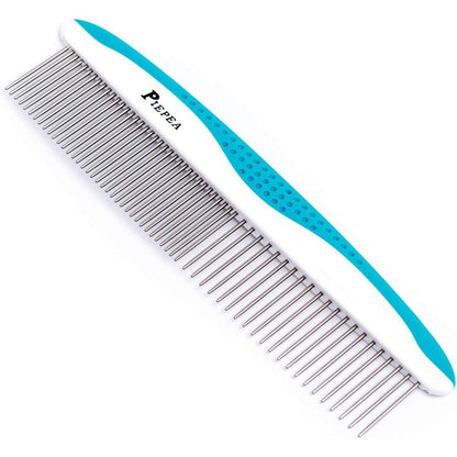 Piepea Pet Comb Stainless Steel Teeth Grooming Tool For Dogs And Cats With Non Slip Handle Seven And One Quarter Inch