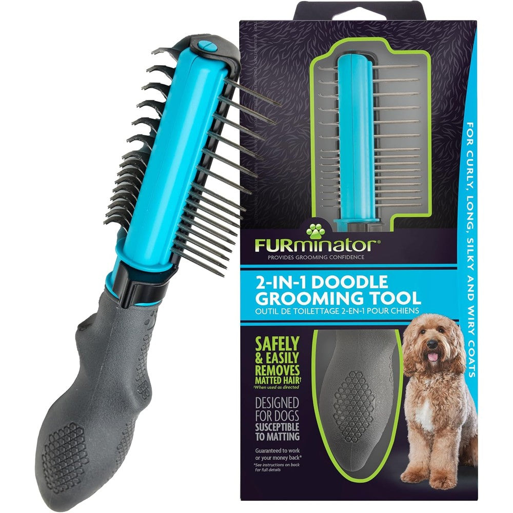 FURminator Two In One Doodle Grooming Tool For Dogs Dematting Tool And Finishing Comb For Curly And Long Coats One Count
