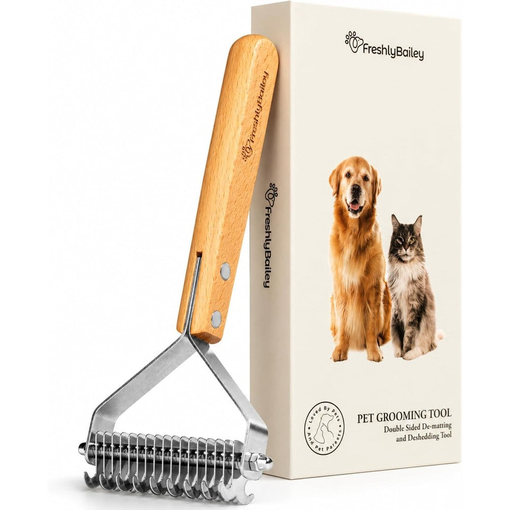 Freshly Bailey Dematting Comb And Deshedding Tool For Cats And Dogs Double Sided Undercoat Rake With Stainless Steel Teeth For Grooming Matted Fur