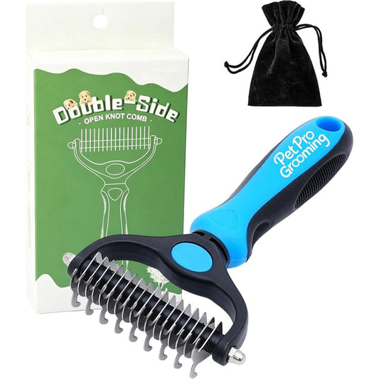 Judee 2-In-1 Double-Sided Grooming Tool And Deshedding Dog Brush With Rounded-Tooth Comb For Painlessly Removing Knots, Blue, Large