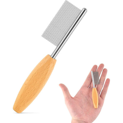 DLUGOPIS Pet Face and Finishing Comb for Dogs and Cats Metal Pocket Grooming Tool with Wooden Handle for Matted Fur and Knots Four Inches