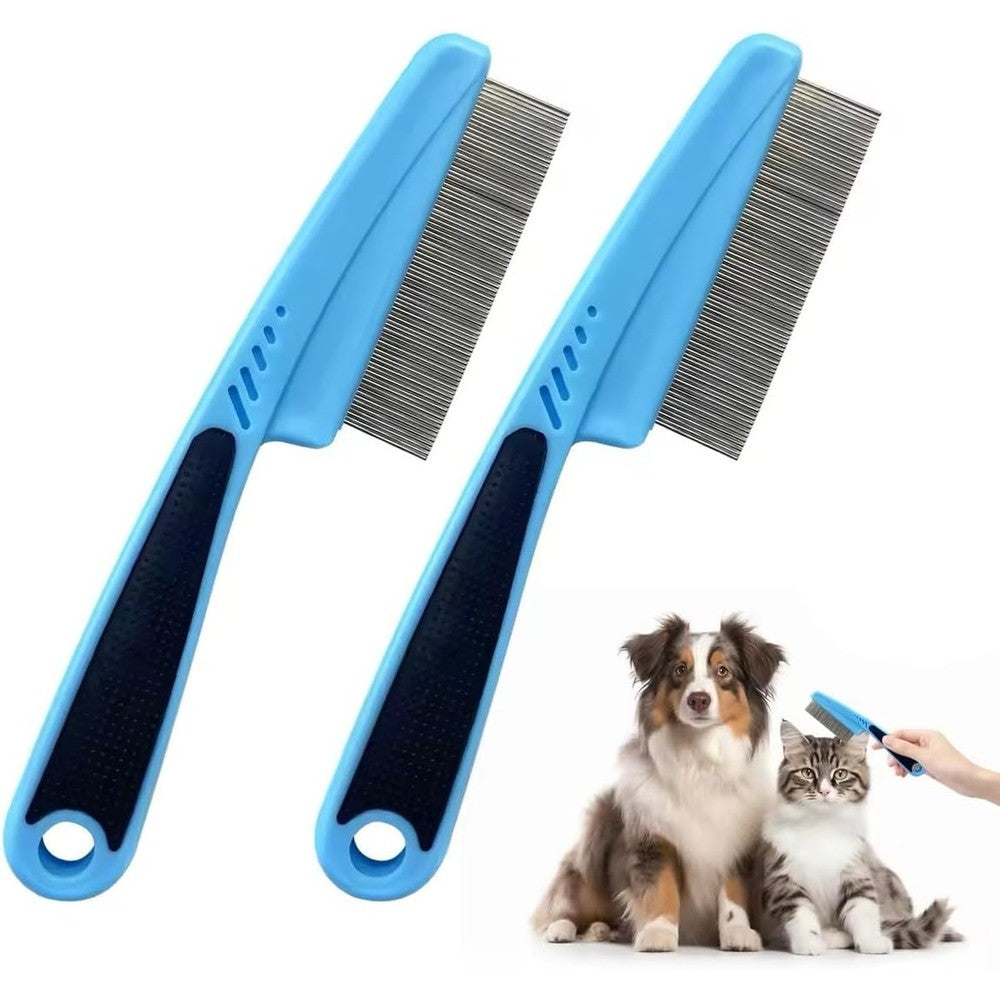 Rowpoz 2 Piece Multifunctional Pet Flea Comb Set For Dogs And Cats Fine Tooth Stainless Steel Grooming Tool Blue 17.8 Centimeters