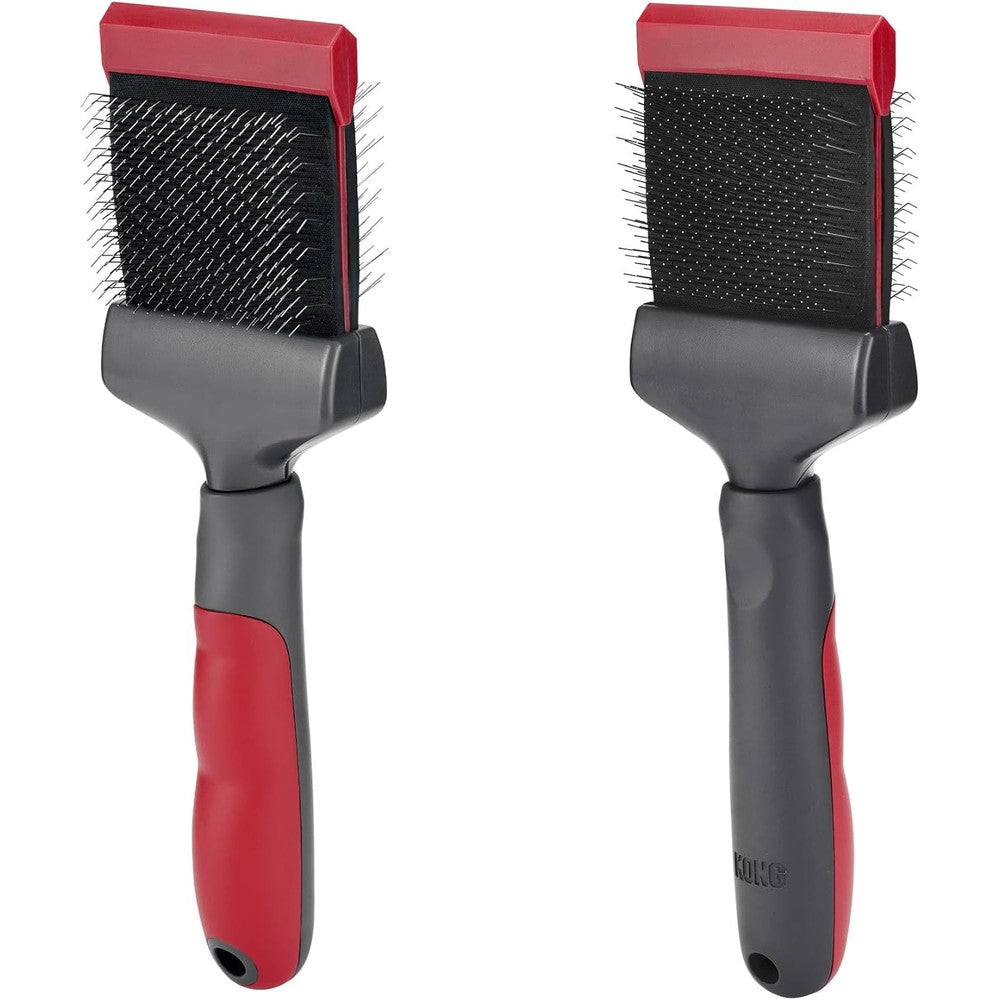 Kong Double Sided Flexible Slicker Brush For Medium To Large Dogs With Long Coats, Red And Gray