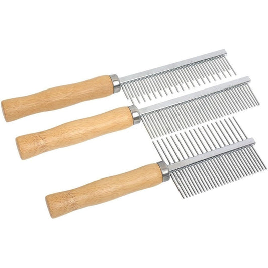 SEIFUD Professional Metal Dog Grooming Comb Set Three Count Wooden Handled Pet Comb For Dogs And Cats Removes Tangles And Matted Hair