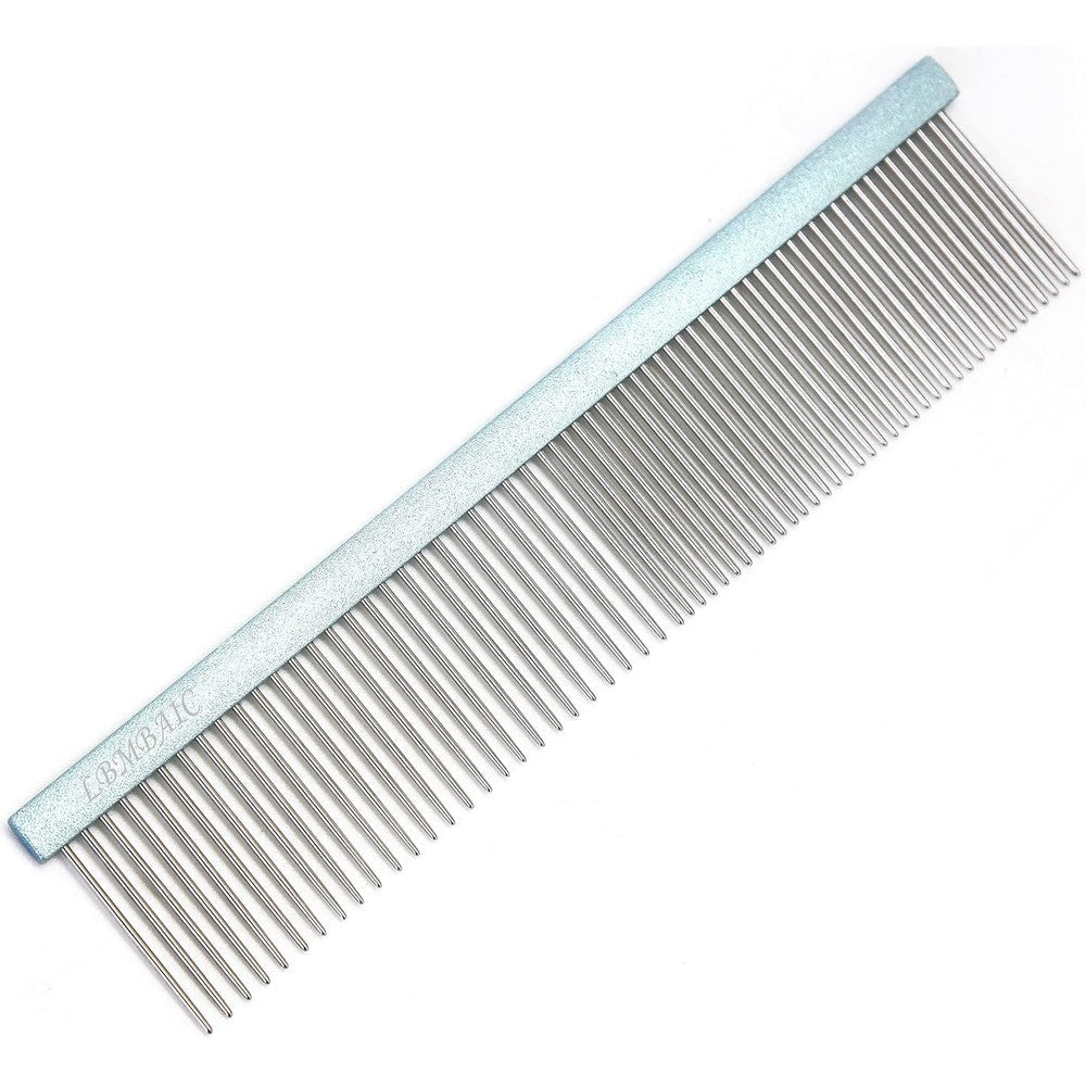 LBMBAIC Metal Dog Grooming Comb With Stainless Steel Long Wide Teeth For Detangling Curly Hair Poodles And Goldendoodles Seven Point Five Inches Blue