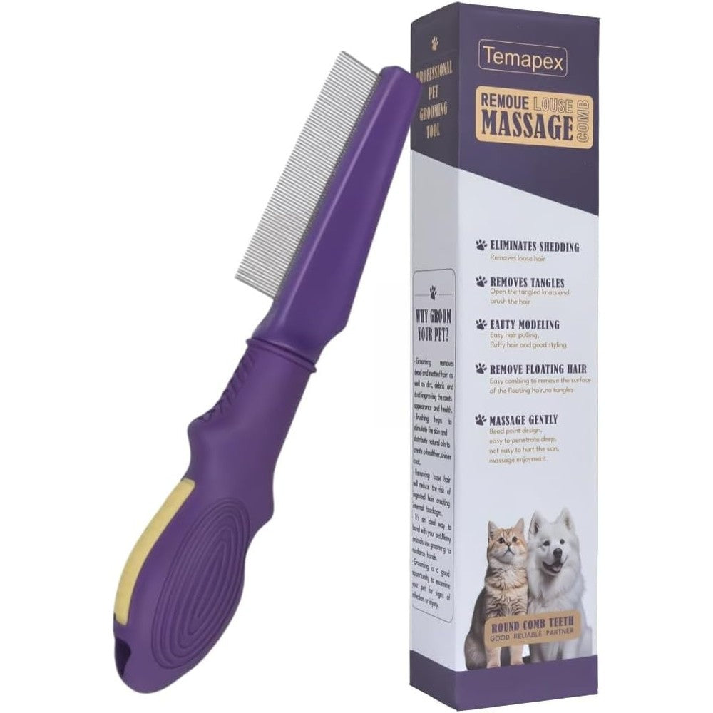 Nadusep Pet Flea Comb For Dogs And Cats Removes Tangles And Flea Tear Stain Removal Stainless Steel Teeth Non-Slip Rubber Handle Grooming Tool